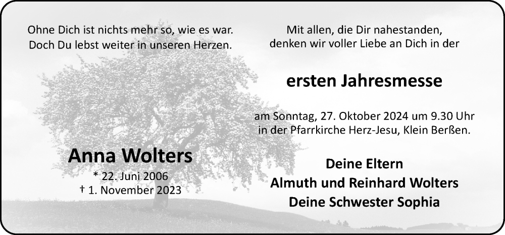  Traueranzeige für Anna Wolters vom 23.10.2024 aus Neue Osnabrücker Zeitung GmbH & Co. KG