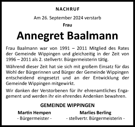 Traueranzeige von Annegret Baalmann von Neue Osnabrücker Zeitung GmbH & Co. KG