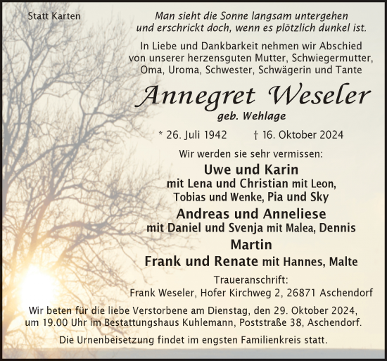 Traueranzeige von Annegret Weseler von Neue Osnabrücker Zeitung GmbH & Co. KG