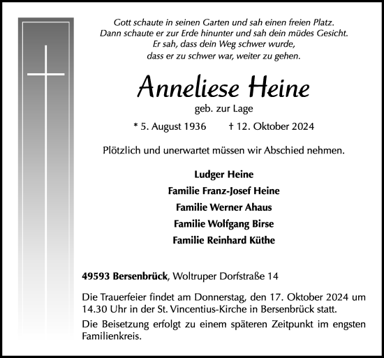 Traueranzeige von Anneliese Heine von Neue Osnabrücker Zeitung GmbH & Co. KG