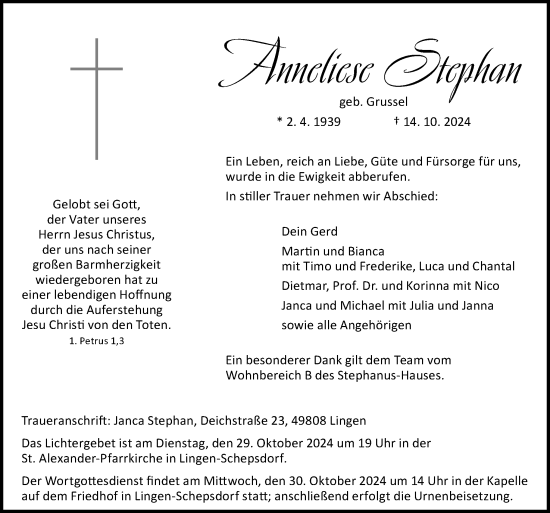 Traueranzeige von Anneliese Stephan von Neue Osnabrücker Zeitung GmbH & Co. KG