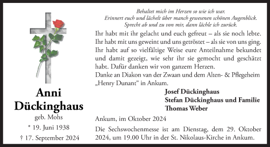 Traueranzeige von Anni Dückinghaus von Neue Osnabrücker Zeitung GmbH & Co. KG