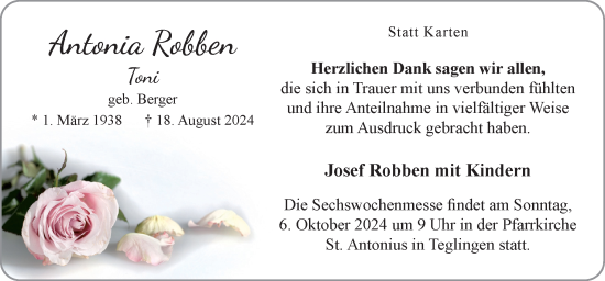 Traueranzeige von Antonia Robben von Neue Osnabrücker Zeitung GmbH & Co. KG