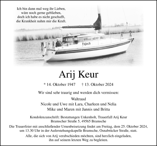 Traueranzeige von Arij Keur von Neue Osnabrücker Zeitung GmbH & Co. KG