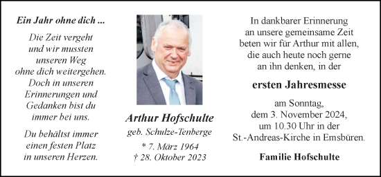 Traueranzeige von Arthur Hofschulte von Neue Osnabrücker Zeitung GmbH & Co. KG