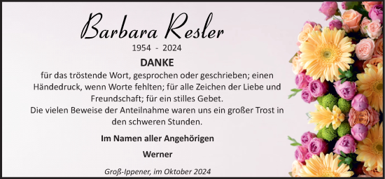 Traueranzeige von Barbara Resler von DK Medien GmbH & Co. KG