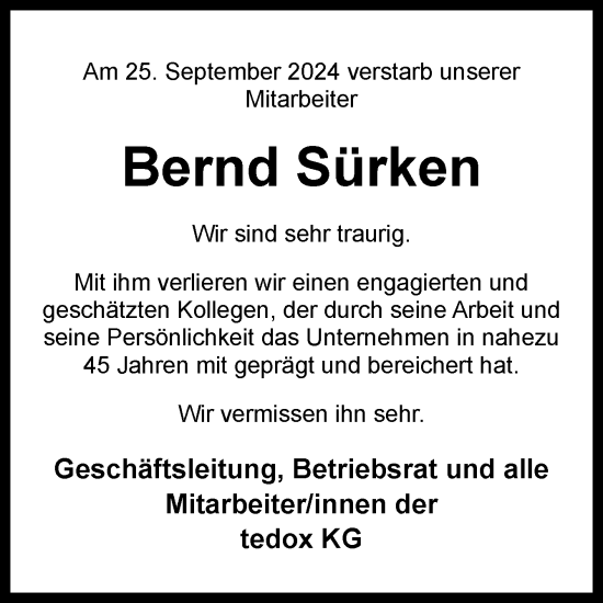 Traueranzeige von Bernd Sürken von Neue Osnabrücker Zeitung GmbH & Co. KG