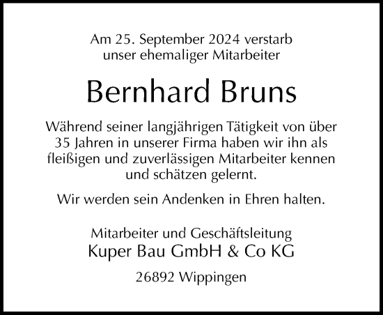 Traueranzeige von Bernhard Bruns von Neue Osnabrücker Zeitung GmbH & Co. KG