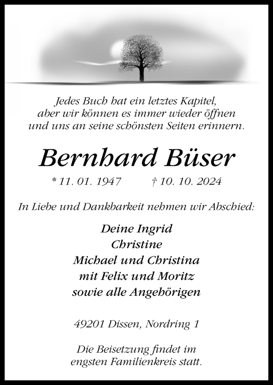 Traueranzeige von Bernhard Büser von Neue Osnabrücker Zeitung GmbH & Co. KG