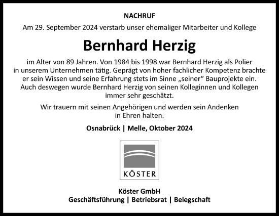 Traueranzeige von Bernhard Herzig von Neue Osnabrücker Zeitung GmbH & Co. KG