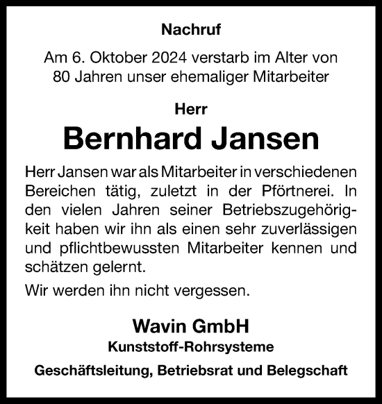 Traueranzeige von Bernhard Jansen von Neue Osnabrücker Zeitung GmbH & Co. KG