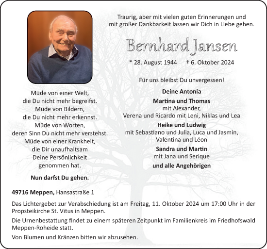 Traueranzeige von Bernhard Jansen von Neue Osnabrücker Zeitung GmbH & Co. KG