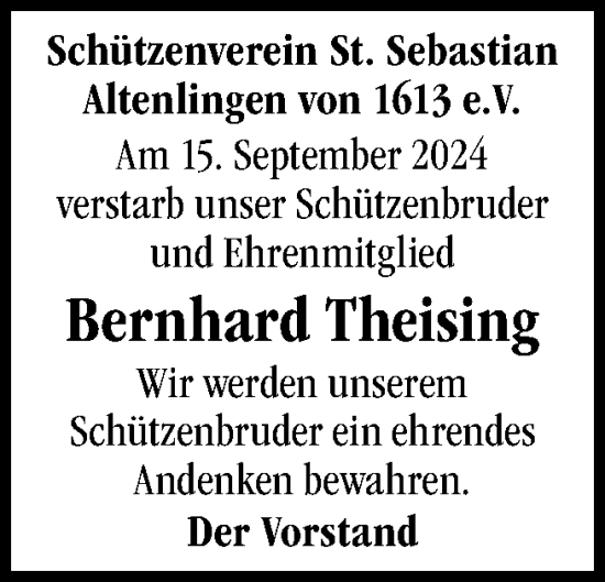 Traueranzeige von Bernhard Theising von Neue Osnabrücker Zeitung GmbH & Co. KG