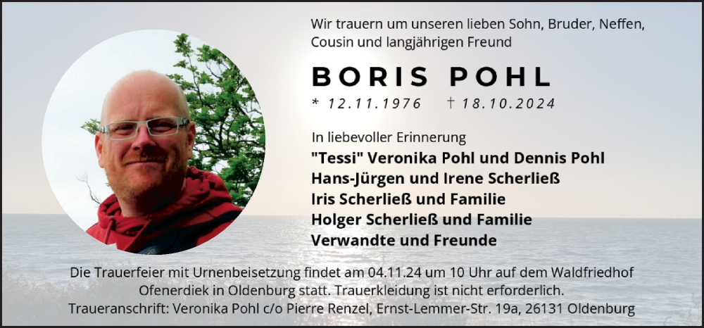  Traueranzeige für Boris Pohl vom 26.10.2024 aus DK Medien GmbH & Co. KG