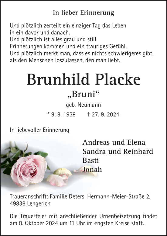 Traueranzeige von Brunhild Placke von Neue Osnabrücker Zeitung GmbH & Co. KG