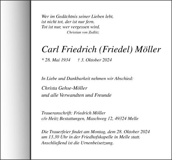 Traueranzeige von Carl Friedrich Möller von Neue Osnabrücker Zeitung GmbH & Co. KG