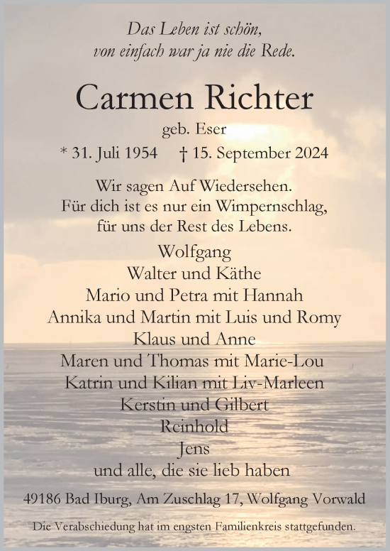 Traueranzeige von Carmen Richter von Neue Osnabrücker Zeitung GmbH & Co. KG