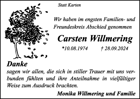 Traueranzeige von Carsten Willmering von Neue Osnabrücker Zeitung GmbH & Co. KG