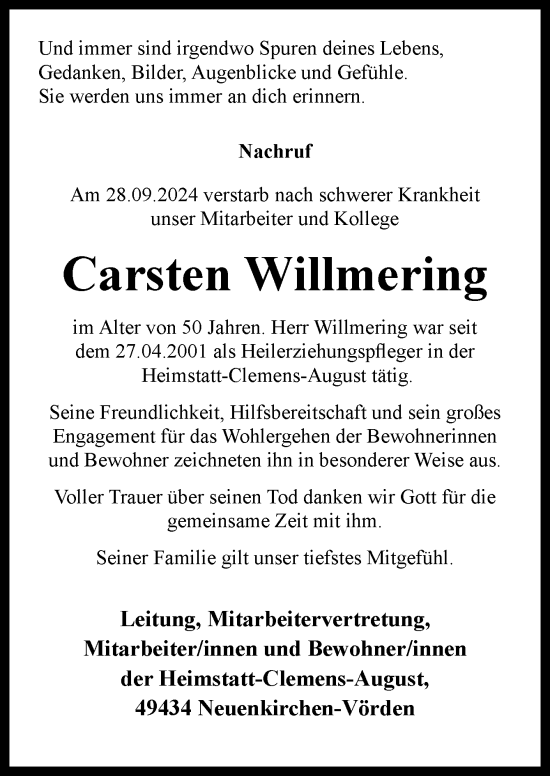 Traueranzeige von Carsten Willmering von Neue Osnabrücker Zeitung GmbH & Co. KG