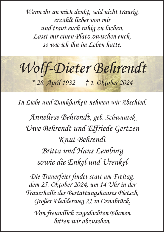 Traueranzeige von Wolf-Dieter Behrendt von Neue Osnabrücker Zeitung GmbH & Co. KG