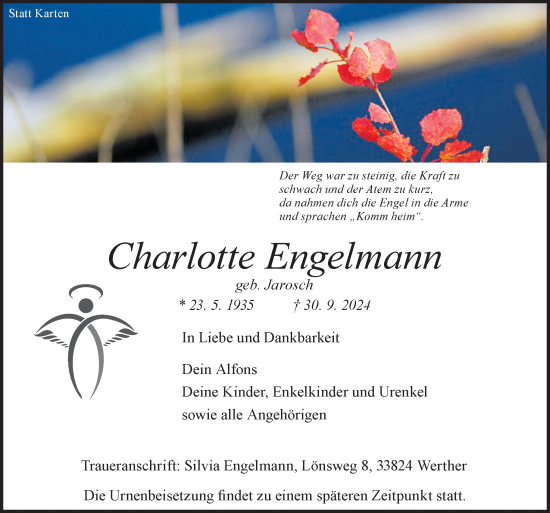 Traueranzeige von Charlotte Engelmann von Neue Osnabrücker Zeitung GmbH & Co. KG