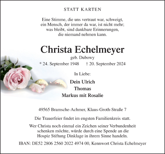 Traueranzeige von Christa Echelmeyer von Neue Osnabrücker Zeitung GmbH & Co. KG