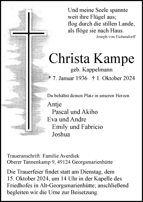 Traueranzeige von Christa Kampe von Neue Osnabrücker Zeitung GmbH & Co. KG