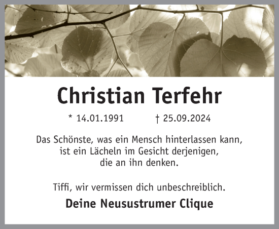 Traueranzeige von Christian Terfehr von Neue Osnabrücker Zeitung GmbH & Co. KG