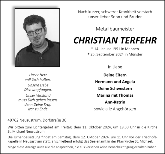 Traueranzeige von Christian Terfehr von Neue Osnabrücker Zeitung GmbH & Co. KG