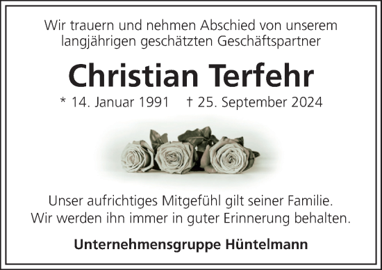 Traueranzeige von Christian Terfehr von Neue Osnabrücker Zeitung GmbH & Co. KG