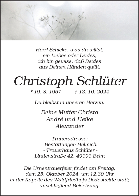 Traueranzeige von Christoph Schlüter von Neue Osnabrücker Zeitung GmbH & Co. KG