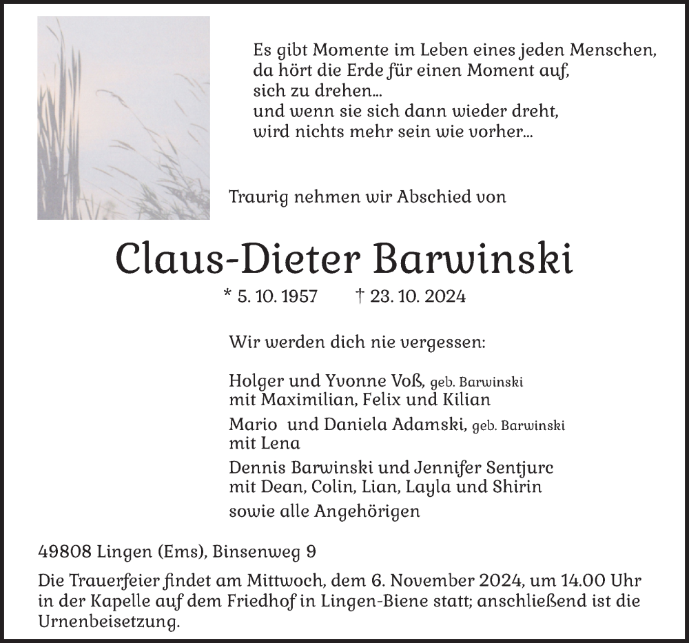  Traueranzeige für Claus-Dieter Barwinski vom 26.10.2024 aus Neue Osnabrücker Zeitung GmbH & Co. KG