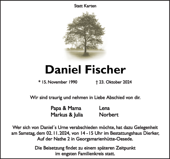 Traueranzeige von Daniel Fischer von Neue Osnabrücker Zeitung GmbH & Co. KG