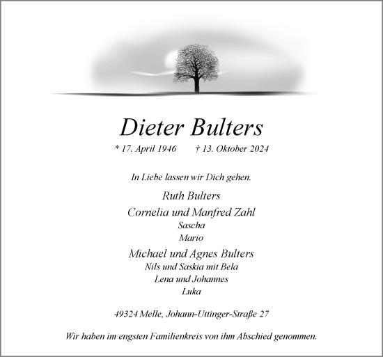 Traueranzeige von Dieter Bulters von Neue Osnabrücker Zeitung GmbH & Co. KG