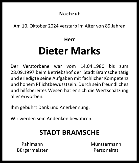 Traueranzeige von Dieter Marks von Neue Osnabrücker Zeitung GmbH & Co. KG