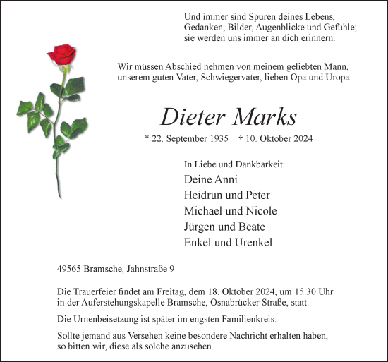 Traueranzeige von Dieter Marks von Neue Osnabrücker Zeitung GmbH & Co. KG