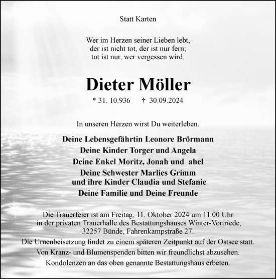 Traueranzeige von Dieter Möller von Neue Osnabrücker Zeitung GmbH & Co. KG