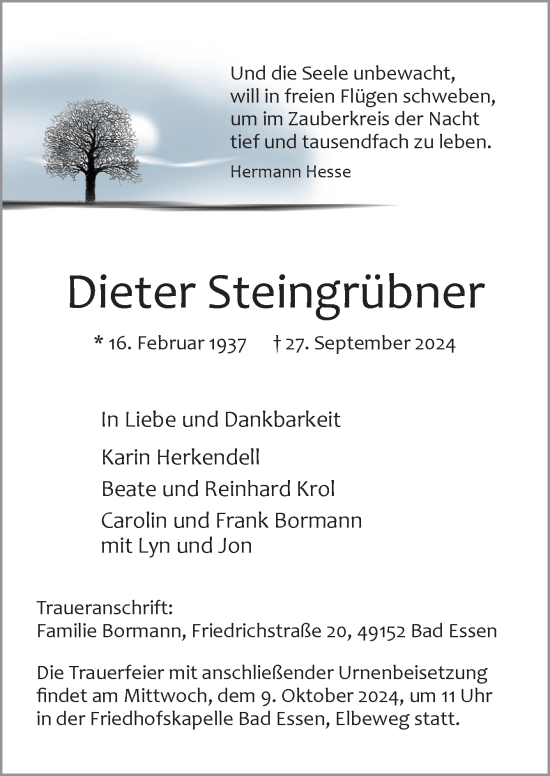 Traueranzeige von Dieter Steingrübner von Neue Osnabrücker Zeitung GmbH & Co. KG