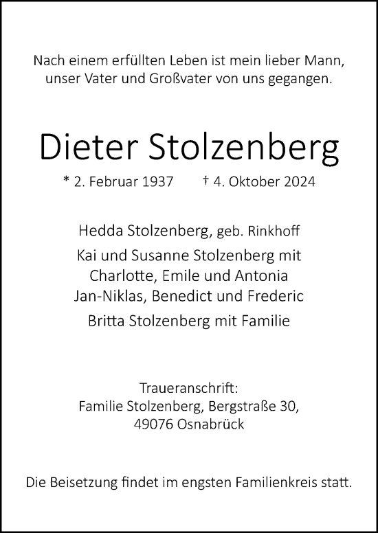 Traueranzeige von Dieter Stolzenberg von Neue Osnabrücker Zeitung GmbH & Co. KG