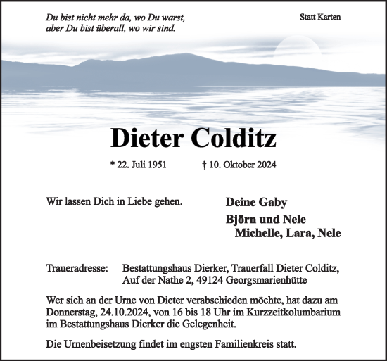 Traueranzeige von Diieter Colditz von Neue Osnabrücker Zeitung GmbH & Co. KG