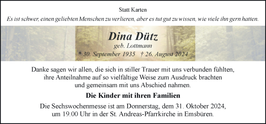 Traueranzeige von Dina Dütz von Neue Osnabrücker Zeitung GmbH & Co. KG