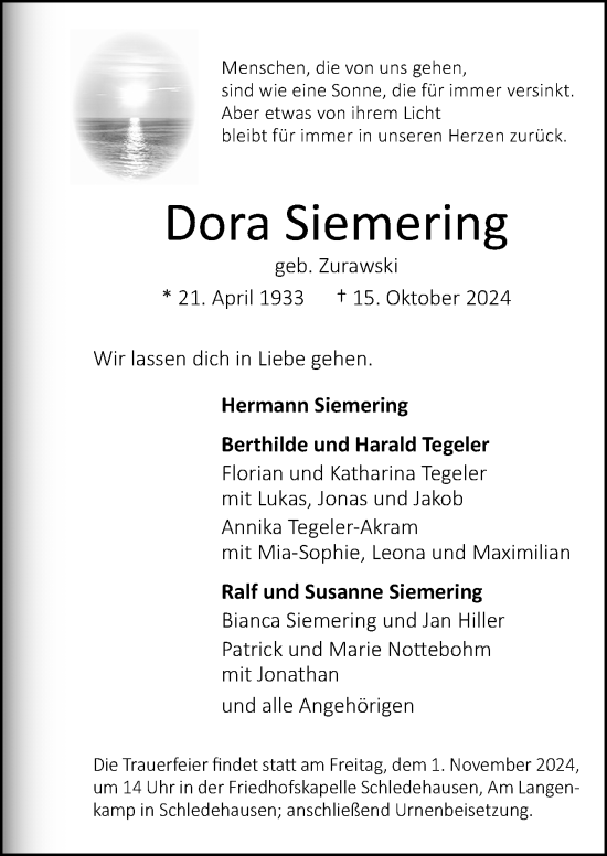 Traueranzeige von Dora Siemering von Neue Osnabrücker Zeitung GmbH & Co. KG