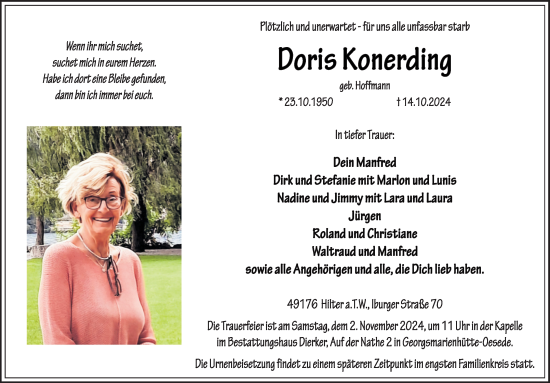 Traueranzeige von Doris Konerding von Neue Osnabrücker Zeitung GmbH & Co. KG