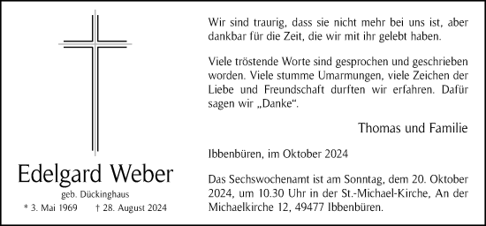 Traueranzeige von Edelgard Weber von Neue Osnabrücker Zeitung GmbH & Co. KG