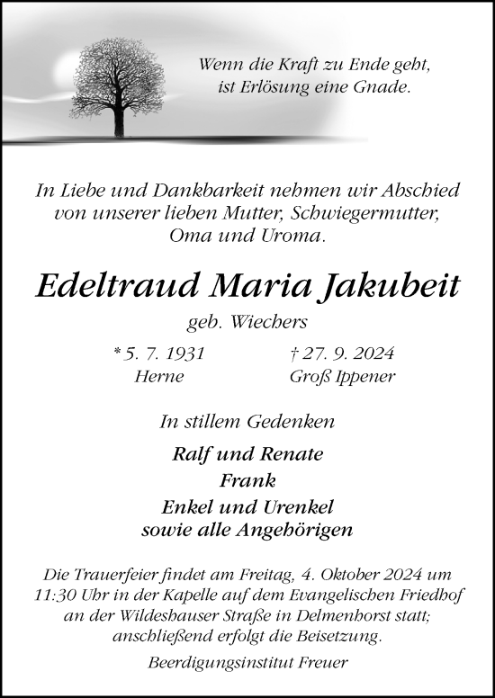 Traueranzeige von Edeltraud Maria Jakubeit von DK Medien GmbH & Co. KG