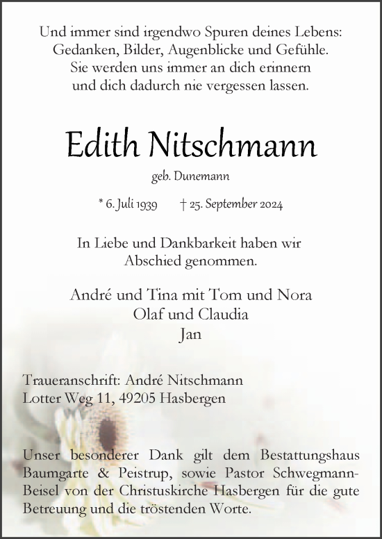 Traueranzeige von Edith Nitschmann von Neue Osnabrücker Zeitung GmbH & Co. KG