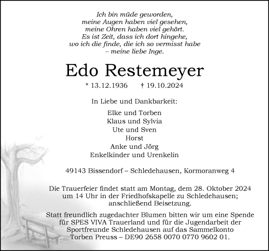 Traueranzeige von Edo Restemeyer von Neue Osnabrücker Zeitung GmbH & Co. KG