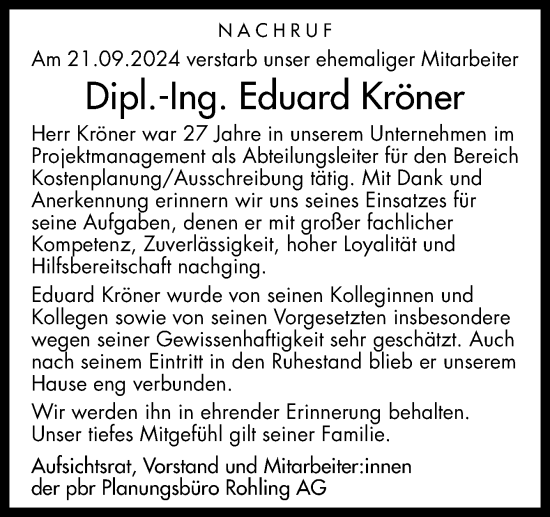 Traueranzeige von Eduard Kröner von Neue Osnabrücker Zeitung GmbH & Co. KG