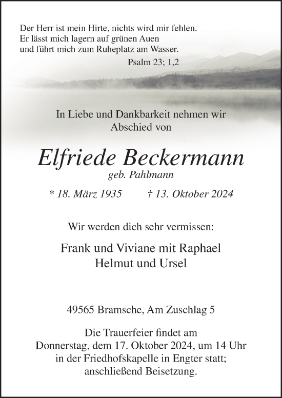 Traueranzeige von Elfriede Beckermann von Neue Osnabrücker Zeitung GmbH & Co. KG