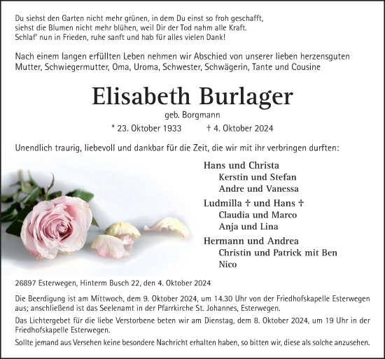 Traueranzeige von Elisabeth Burlager von Neue Osnabrücker Zeitung GmbH & Co. KG